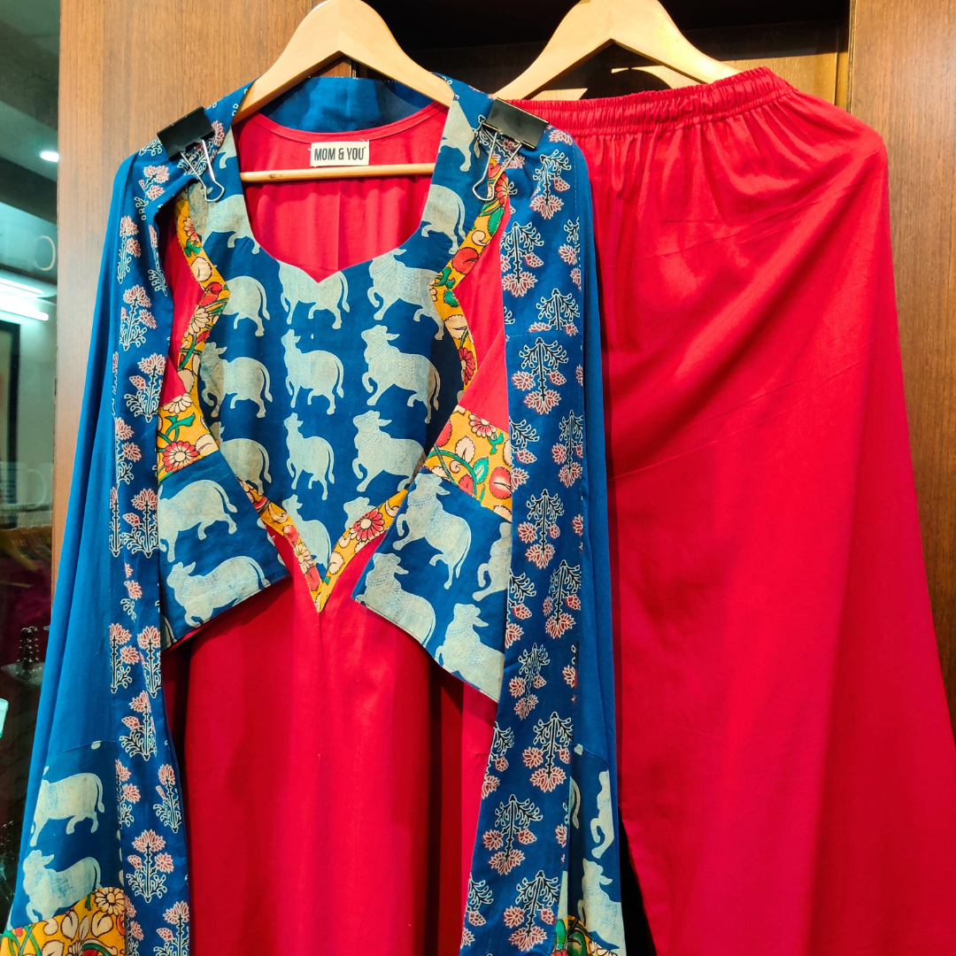Red Cotton Blue kalamkari Stitched Suit Set