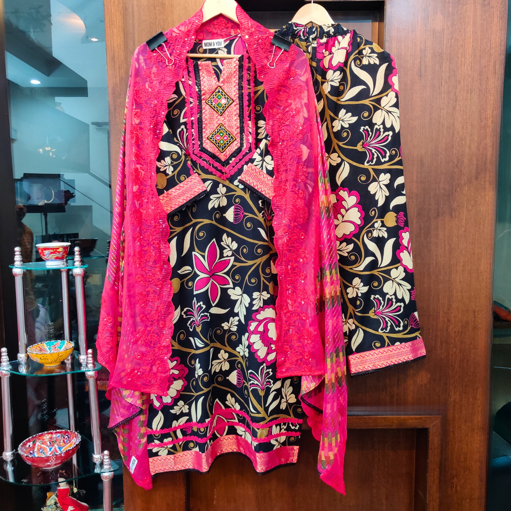 Black Digital Printed Cotton Stitched Suit Set - Mom & You Clothing