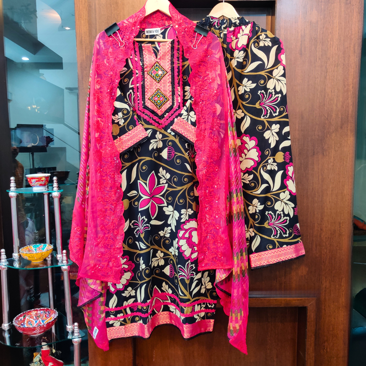 Black Digital Printed Cotton Stitched Suit Set - Mom & You Clothing