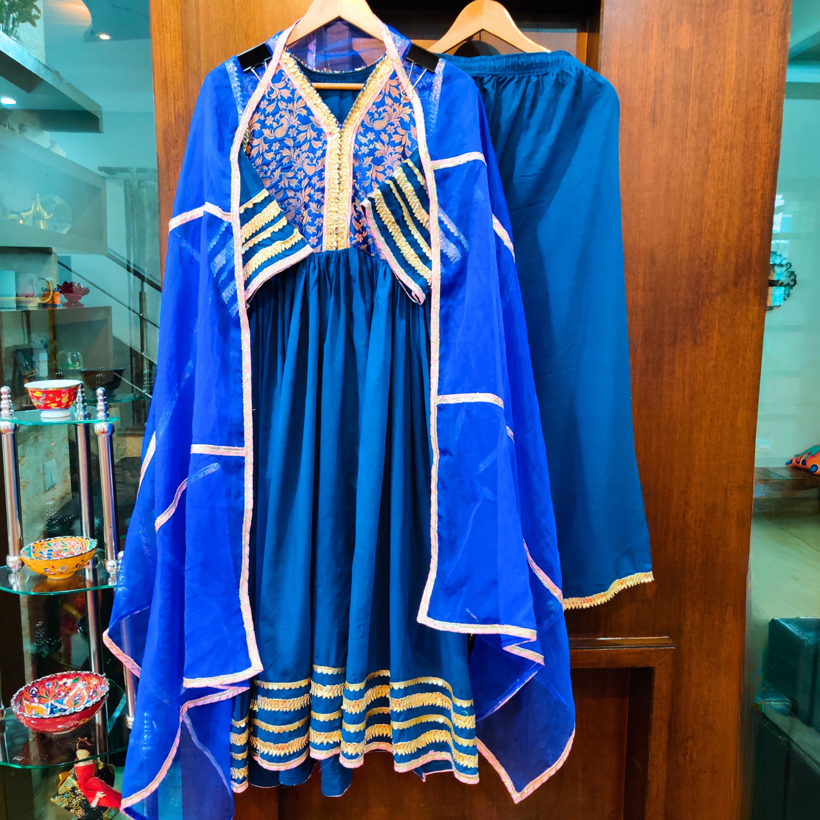 Blue Cotton Stitched Anarkali Suit Set - Mom & You Clothing