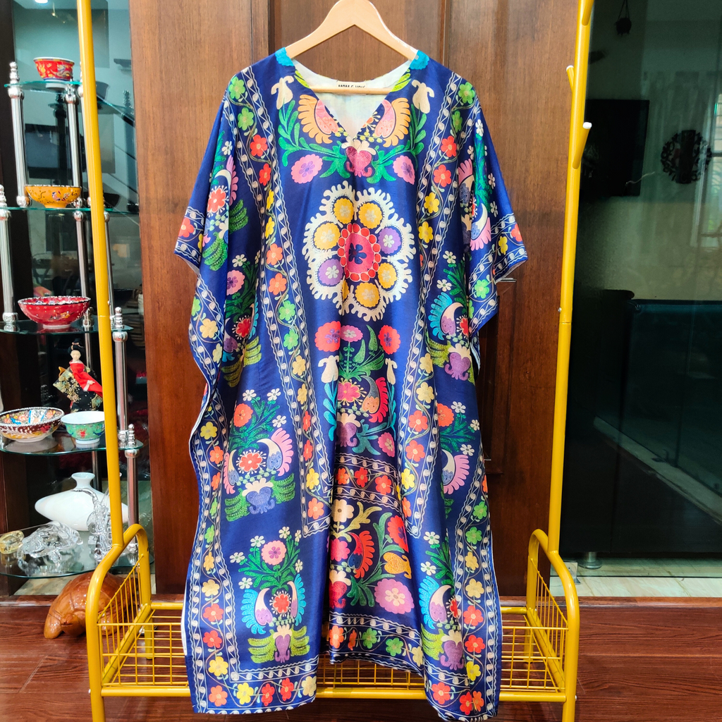 Blue Digital Printed Muslin Silk Stitched Kurta Kaftan - Mom & You Clothing