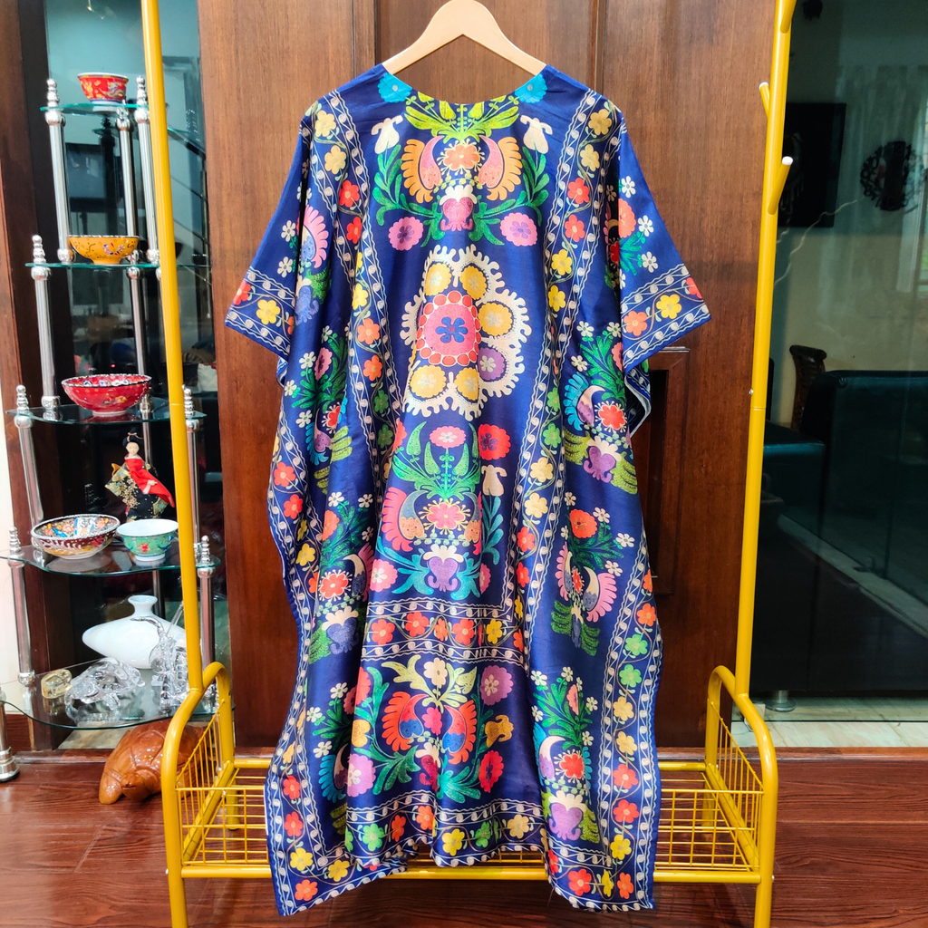 Blue Digital Printed Muslin Silk Stitched Kurta Kaftan - Mom & You Clothing