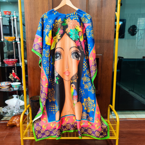 Blue Digital Printed Muslin Silk Stitched Kurta Kaftan - Mom & You Clothing