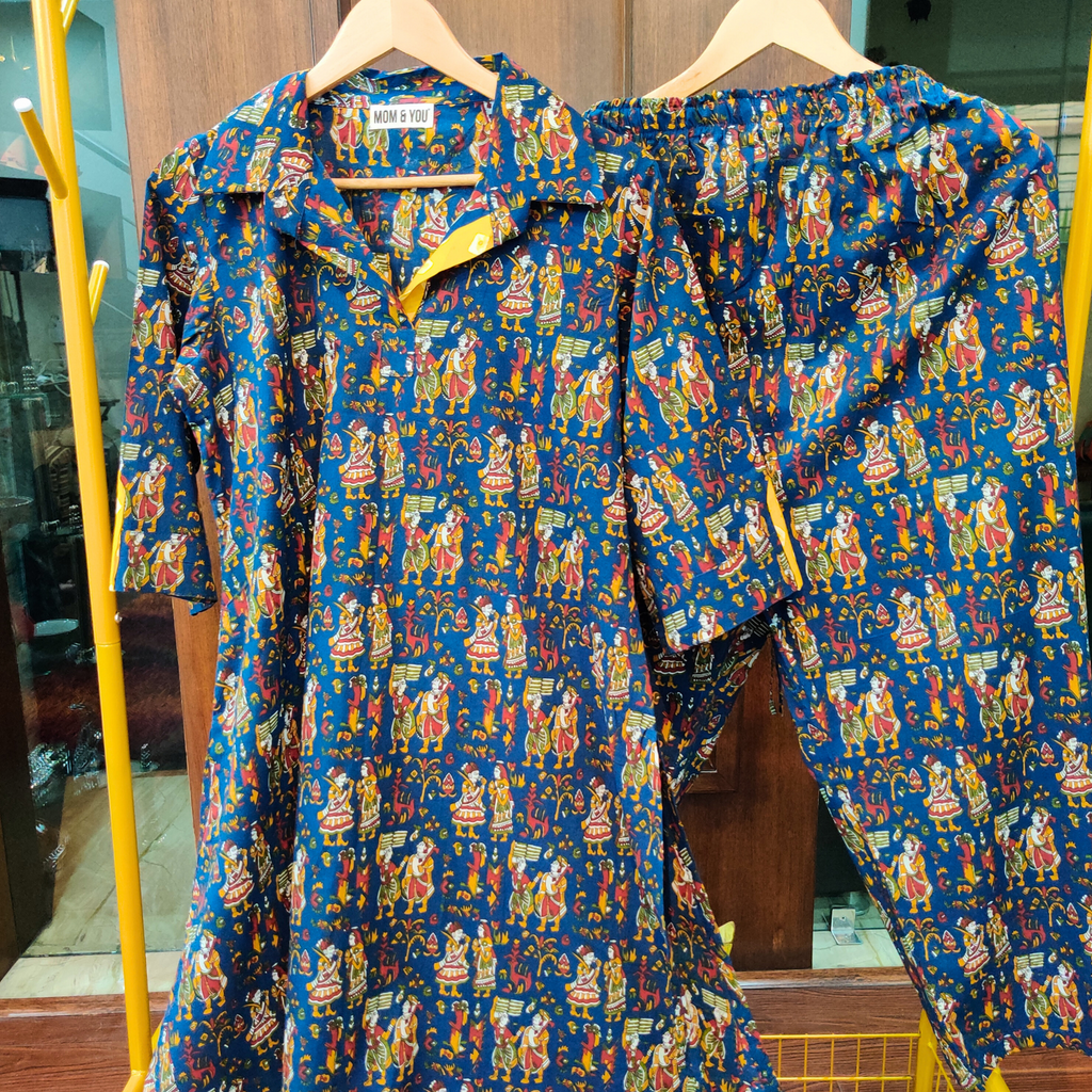 Blue Kalamkari Cotton Stitched Co-Ord Set - Mom & You Clothing