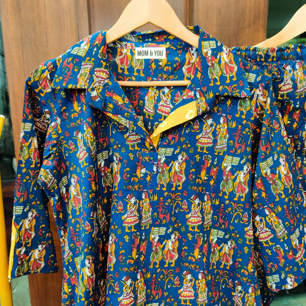 Blue Kalamkari Cotton Stitched Co-Ord Set - Mom & You Clothing