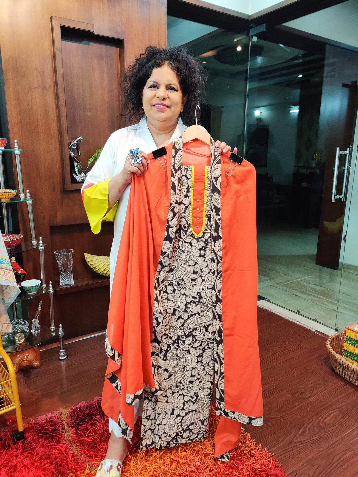 Black Kalamkari Cotton Unstitched Dress Material Suit Set
