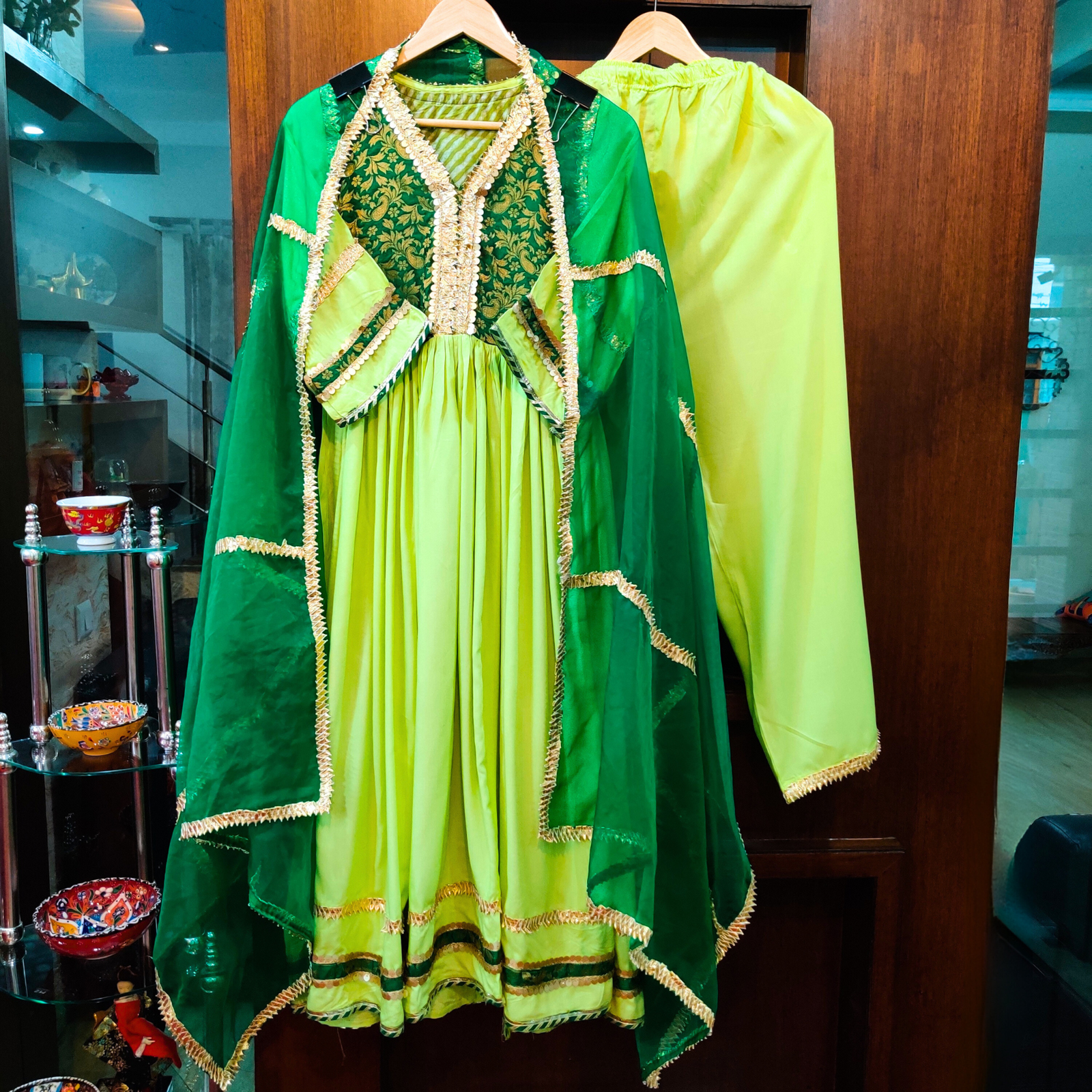 Green Cotton Stitched Anarkali Suit Set - Mom & You Clothing