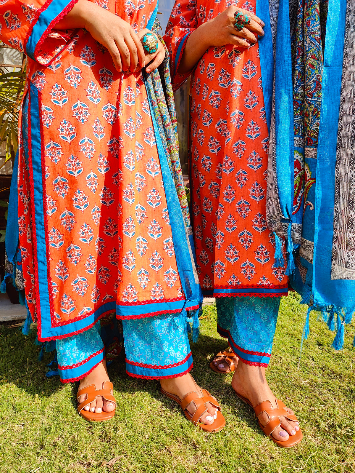 Orange Cotton Digital Printed Stitched Suit Set