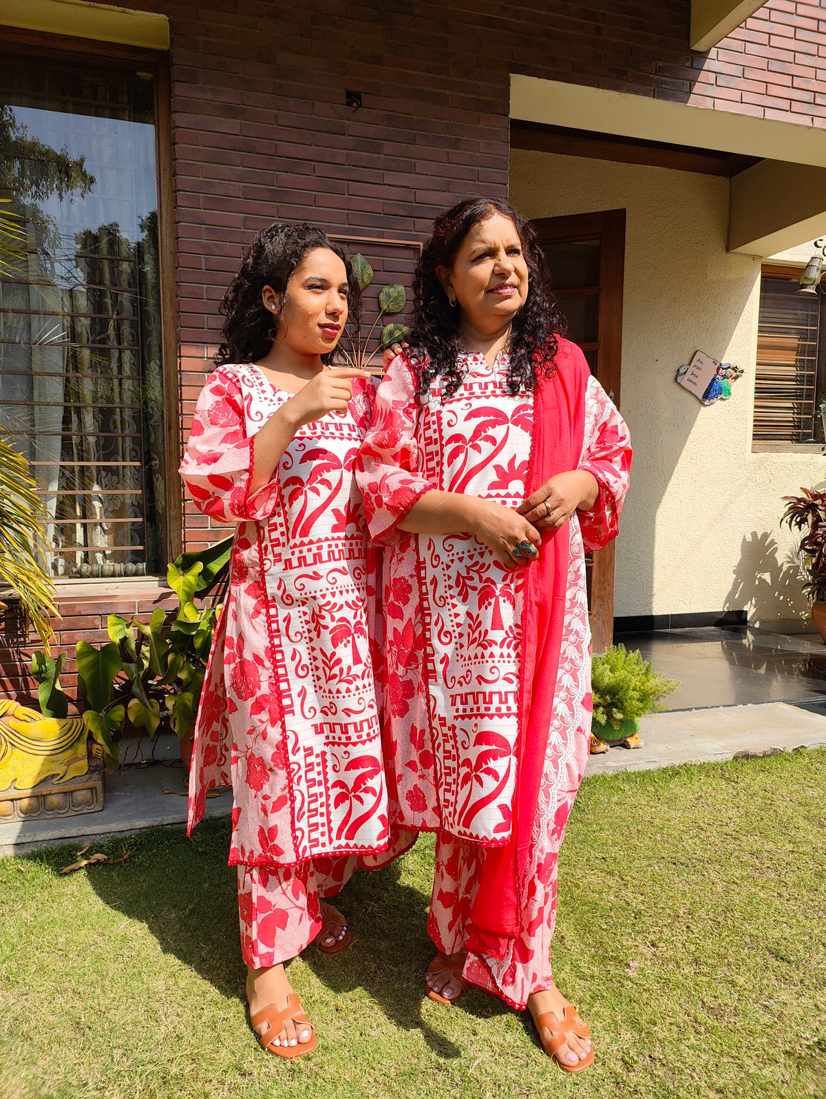 Red and White Digital Printed Cotton Stitched Suit Set