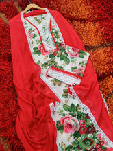 Floral Digital Print Cotton Enhanced with Delicate White and Red Laces Unstitched Dress Material Suit Set