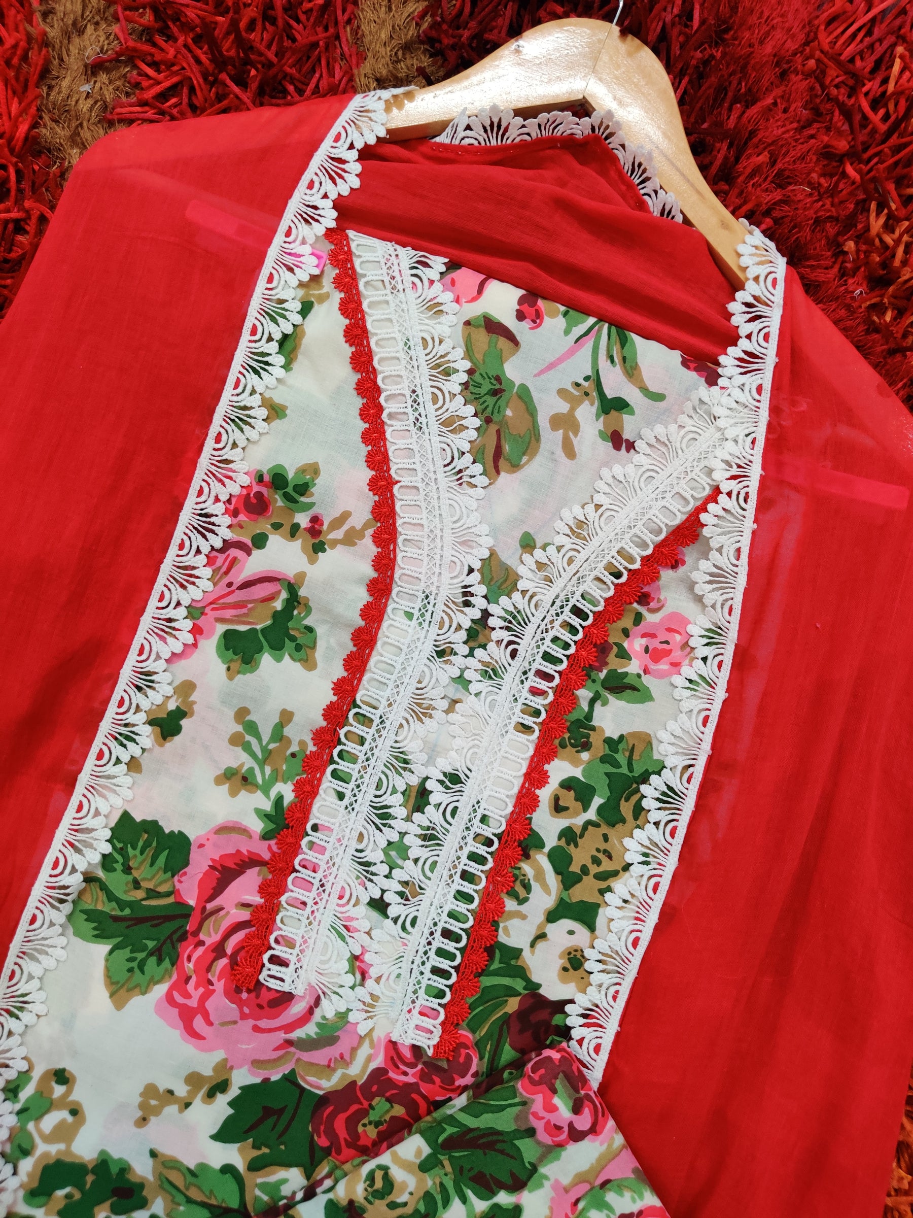 Floral Digital Print Cotton Enhanced with Delicate White and Red Laces Unstitched Dress Material Suit Set