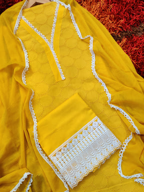 Yellow Schiffli with Elegant White Lace Detailing Unstitched Dress Material Suit Set
