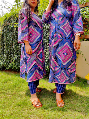 Purple Digital Printed Pink Lace Cotton Stitched Co-Ord Set