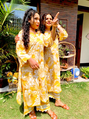 Yellow Digital Printed Cotton Yellow Lace Stitched Co-Ord Set