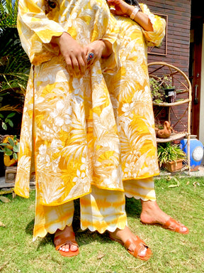 Yellow Digital Printed Cotton Yellow Lace Stitched Co-Ord Set
