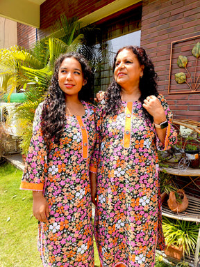Multi Coloured Floral Pink Lace Cotton Stitched Co-Ord Set