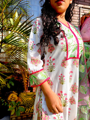 White Digital Printed Green Floral Lace Stitched Suit Set