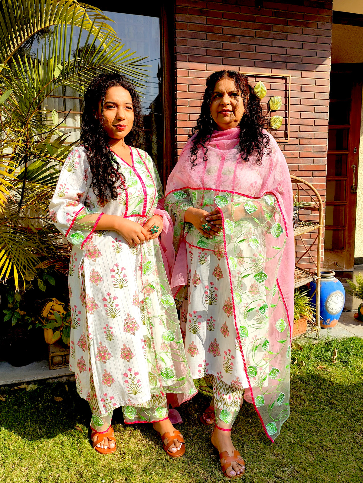 White Digital Printed Green Floral Lace Stitched Suit Set