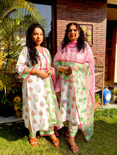 White Digital Printed Green Floral Lace Stitched Suit Set