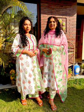 White Digital Printed Green Floral Lace Stitched Suit Set