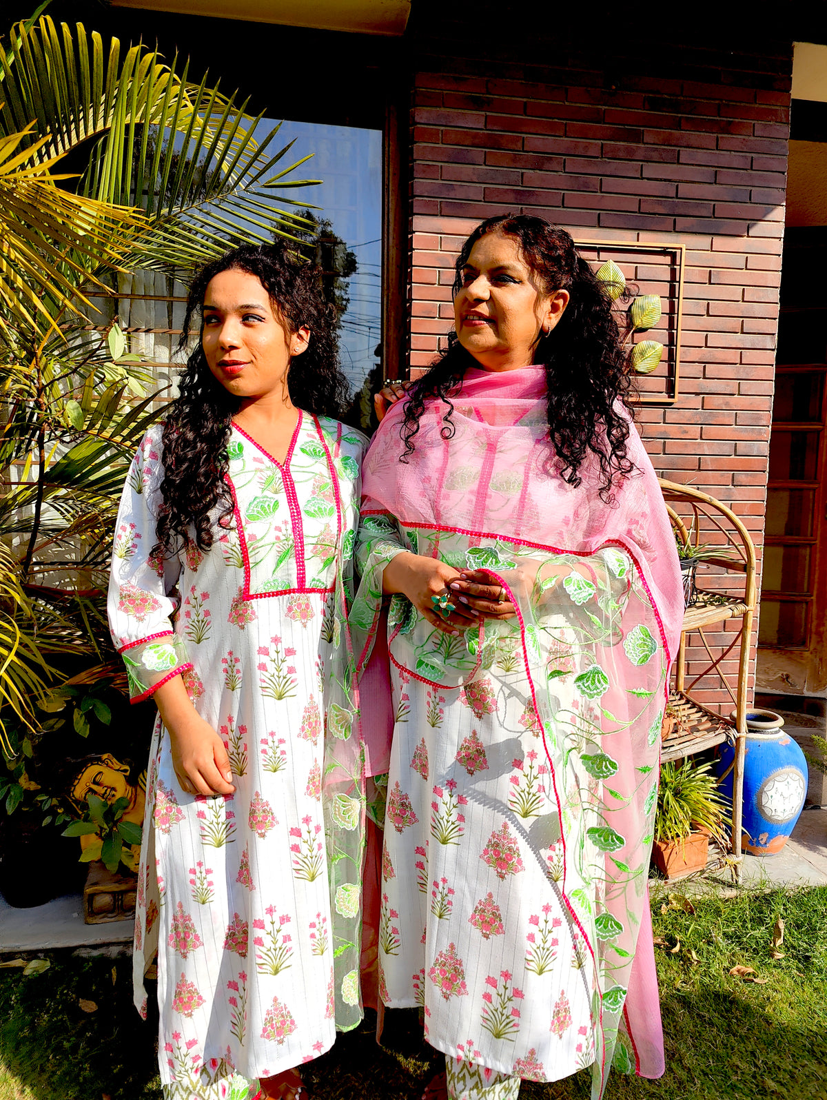 White Digital Printed Green Floral Lace Stitched Suit Set