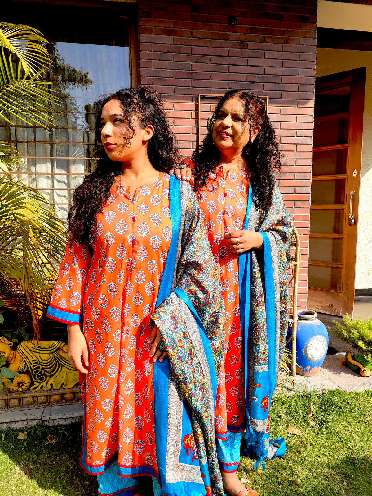 Orange Cotton Digital Printed Stitched Suit Set