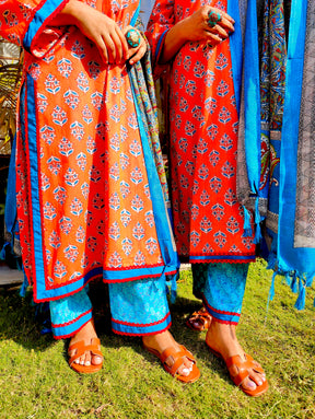 Orange Cotton Digital Printed Stitched Suit Set