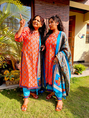 Orange Cotton Digital Printed Stitched Suit Set