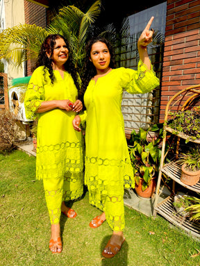 Lime Green Embroidered Cotton Stitched Co-Ord Set