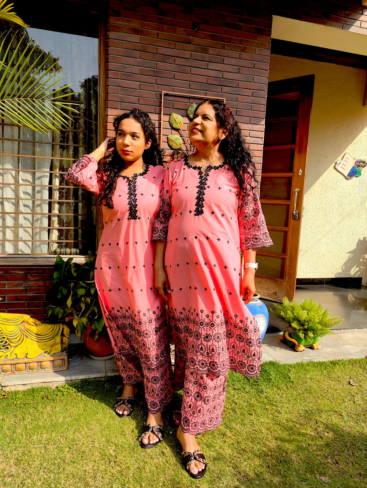 Peach Black Embroidered Cotton Stitched Co-Ord Set