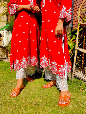 Red Embroidered Cotton Stitched Co-Ord Set