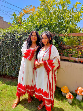 White Cotton Red Lace Paisley Stitched Suit Set