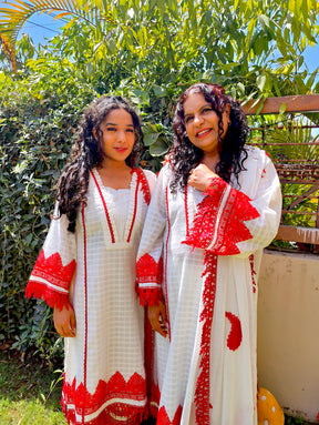 White Cotton Red Lace Paisley Stitched Suit Set