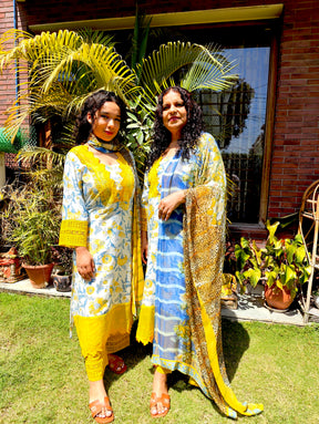 White Muslin Yellow Italian Lace Stitched Suit Set