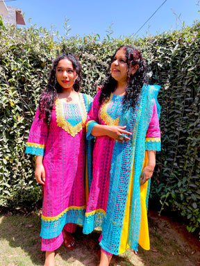 Magenta Embroidered Cotton Stitched Suit Set