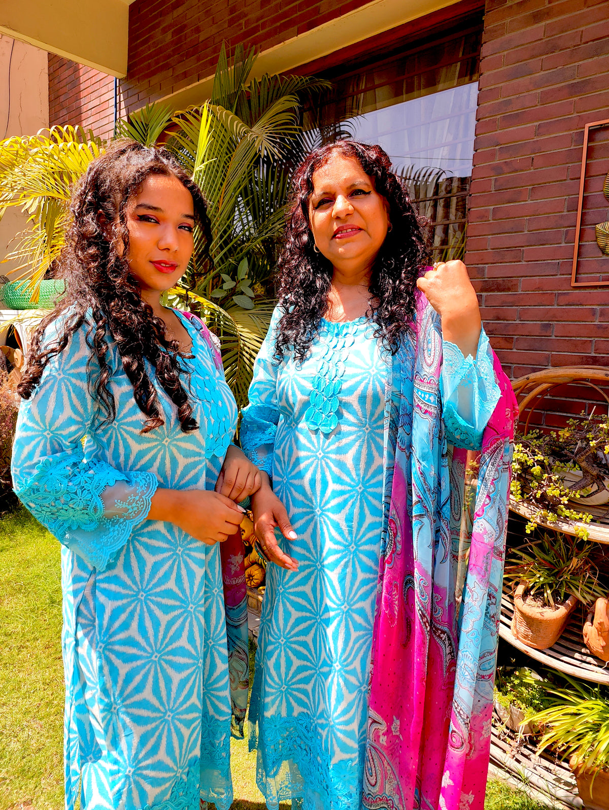 Sky Blue Cotton Italian Lace Stitched Suit Set