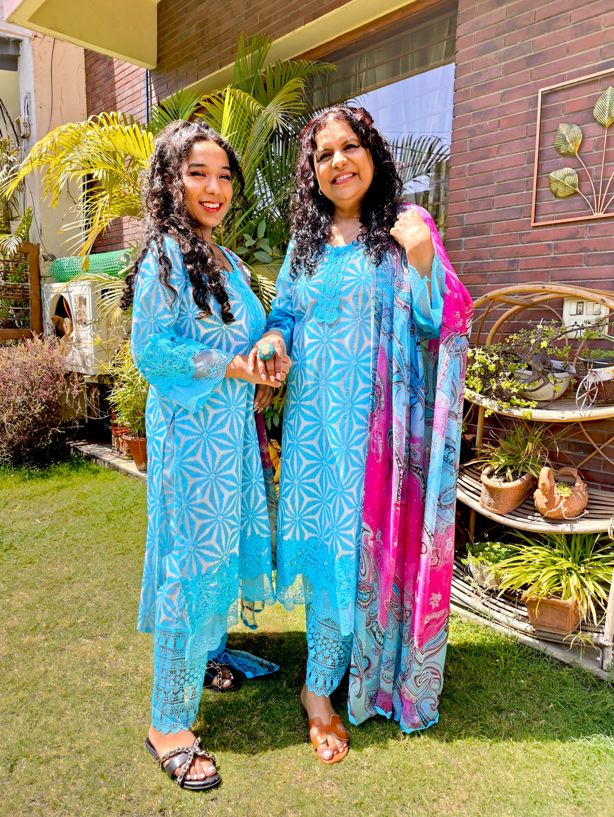 Sky Blue Cotton Italian Lace Stitched Suit Set