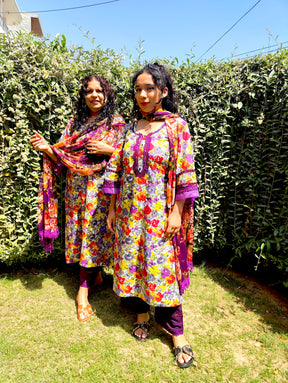 Purple Floral Handblock Cotton Stitched Suit Set