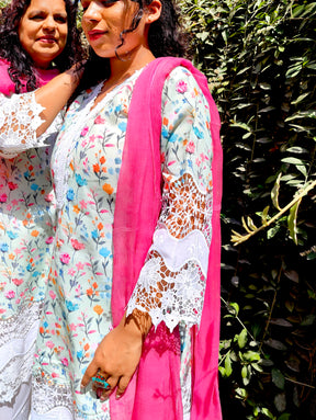 Green White Pakistani Lace Cotton Handblock Stitched Suit Set