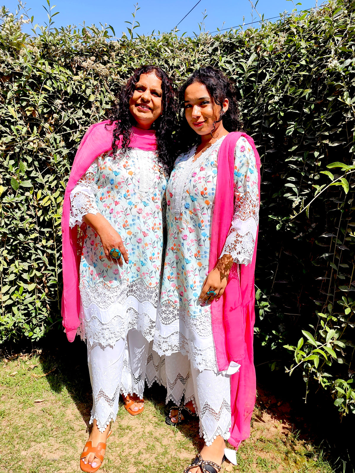 Green White Pakistani Lace Cotton Handblock Stitched Suit Set