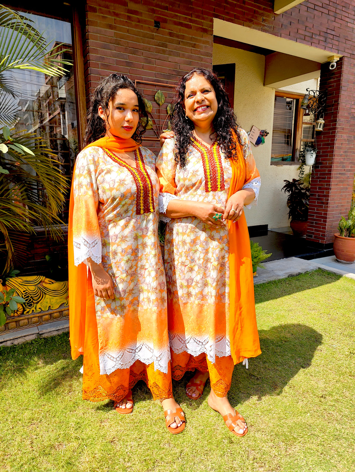 Yellow Pakistani Digital Printed Brown Lace Cotton Stitched Suit Set