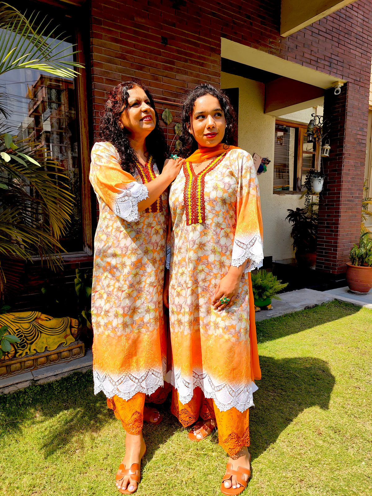 Yellow Pakistani Digital Printed Brown Lace Cotton Stitched Suit Set