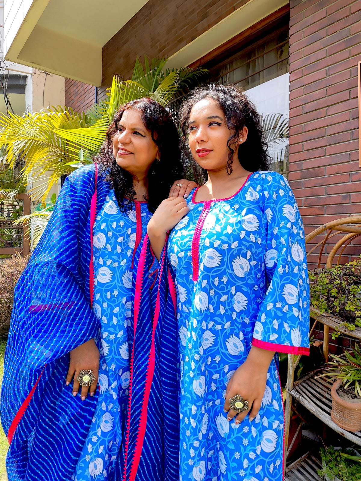 Blue and White Floral Magenta Lace Cotton Stitched Suit Set