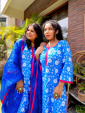 Blue and White Floral Magenta Lace Cotton Stitched Suit Set