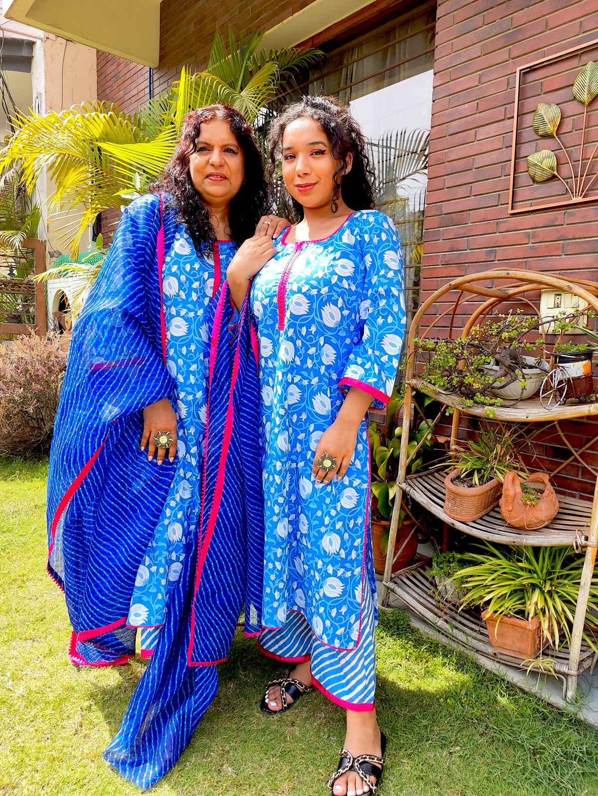 Blue and White Floral Magenta Lace Cotton Stitched Suit Set