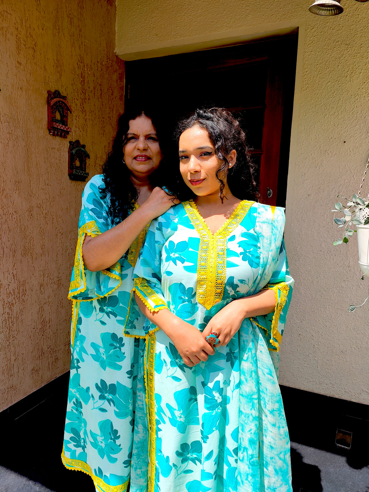 Green Blue Cotton Yellow Lace Stitched Suit Set