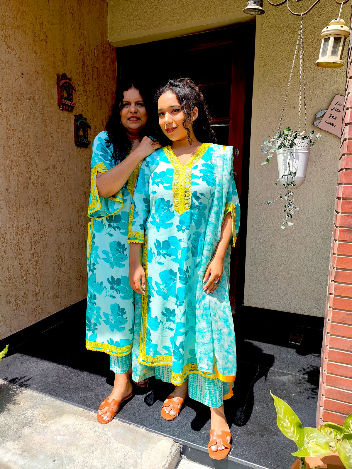 Green Blue Cotton Yellow Lace Stitched Suit Set