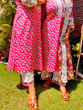 Magenta Cotton White Italian Lace Stitched Suit Set