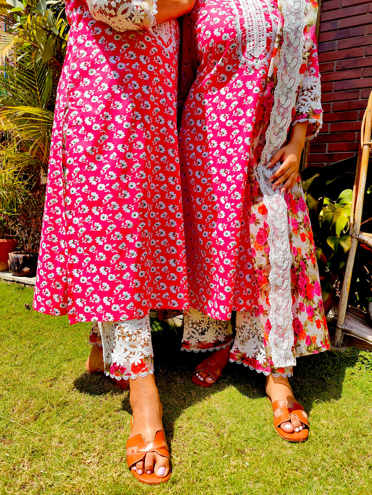 Magenta Cotton White Italian Lace Stitched Suit Set