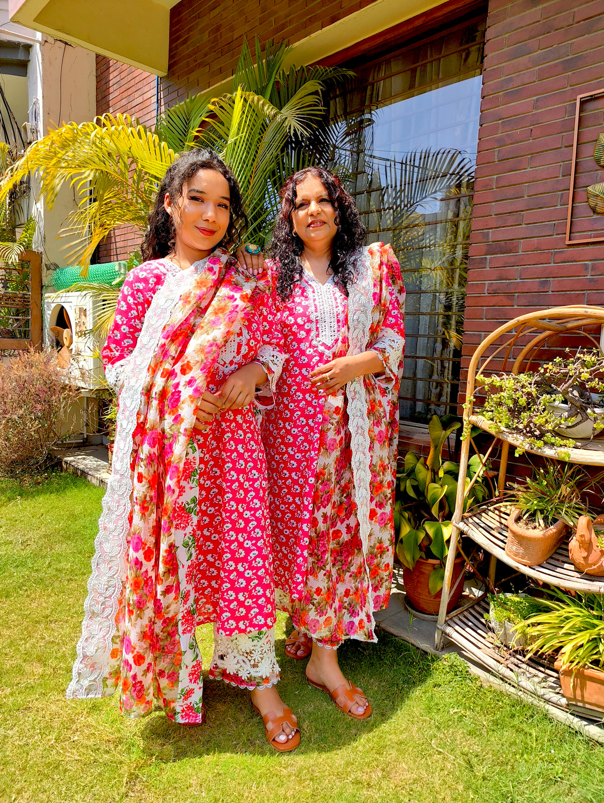 Magenta Cotton White Italian Lace Stitched Suit Set